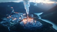 Industrial power plant with glowing lights and steam emission at dusk, aerial view of manufacturing facility surrounded by forest and winding river in mountainous landscape.