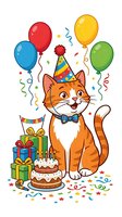 Orange cat wearing party hat and bow tie celebrating with colorful balloons, wrapped gifts, birthday cake, and confetti on white background. Isolated clipart for greeting cards, invitations, t-shirts.