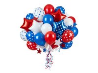 Festive cluster of red, white, and blue balloons with star patterns and metallic ribbons on transparent background, perfect for patriotic celebrations, Fourth of July events, and holiday design projects.