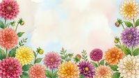 Watercolor dahlia flowers frame with pastel background, colorful botanical border with pink, yellow, purple and orange blooms for greeting cards.