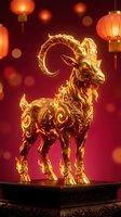 Golden ornate goat figurine with intricate patterns on red background with traditional lanterns for Chinese New Year celebrations and festive decorations.
