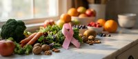 Pink ribbon symbol with fresh organic vegetables fruits nuts on kitchen counter promoting breast cancer awareness healthy eating lifestyle.