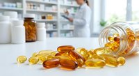 Golden vitamin capsules spilling from glass jar on pharmacy counter with female pharmacist working in background at modern drugstore.