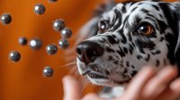 Curious Dalmatian dog with spotted coat watching floating silver glitter balls against orange background, close-up portrait showing attentive expression and brown eyes.