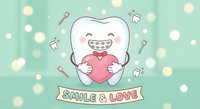 Cute cartoon tooth character with braces holding pink heart on mint green background with dental tools. Orthodontic care and oral health concept.