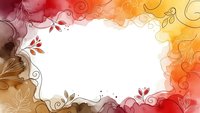 Autumn watercolor frame with decorative swirls and leaves in warm orange, red, and brown tones. Copy space for text or design elements in center.