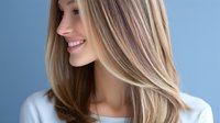 Young Caucasian woman with healthy straight blonde hair smiling against blue background. Natural beauty and haircare concept for salon and cosmetic advertising.