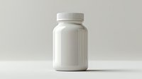 White plastic medicine bottle with blank label on light background, minimalist pharmaceutical packaging mockup for supplement or vitamin product design.