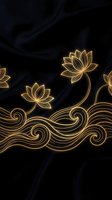 Golden lotus flowers with flowing waves on dark marble background for luxury design and meditation themes.