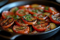 Fresh tomato slices sautéed with herbs and seasonings in cast iron pan, garnished with chopped parsley. Close-up view shows caramelized edges and vibrant colors.