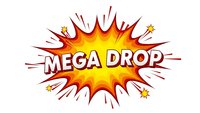 Explosive comic burst with mega drop text in bold letters surrounded by dynamic flames and stars on transparent background for gaming designs.
