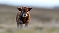 Adorable brown calf with white face markings standing alone in grassy field with blurred natural background, perfect for farming and agriculture themes.