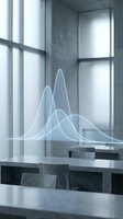 Modern office workspace featuring holographic statistical graphs and data visualization curves displayed on glass surface with minimalist furniture and bright window background for business analytics and technology concepts.