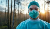 Healthcare worker wearing protective surgical mask, cap, and glasses stands in forest setting during golden hour sunset, conveying hope and resilience in medical field.