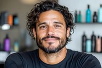 Smiling Hispanic male hairdresser with curly dark hair and beard in black shirt at salon, professional portrait with blurred hair products on shelves background.