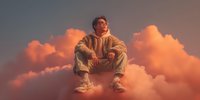 Young African American man in casual beige hoodie sitting peacefully on fluffy orange clouds during golden hour sunset with dreamy atmospheric lighting.