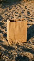 Kraft paper shopping bag with handles sitting on sandy beach ground with dry grass and natural sunlight casting shadows.
