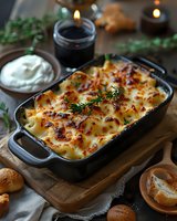 Homemade potato gratin with melted cheese and herbs in cast iron baking dish, served with sour cream sauce and fresh bread on rustic wooden board, candlelit setting.