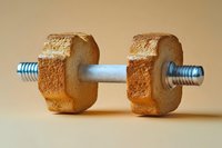 Creative dumbbell made from fresh bread slices with metal bar, conceptual fitness and diet composition on beige background.