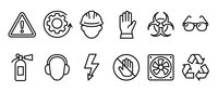 Safety and protection line icons set featuring warning signs, PPE equipment, hazard symbols, and emergency tools for workplace security and industrial design.