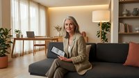 Mature woman with blonde hair and fair complexion, wearing a beige blazer, sitting on a black sofa holding a tablet in a modern home office with wooden desk, plants, and natural lighting.