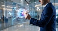Professional businessman in dark suit interacting with futuristic holographic customer care interface displaying support icons in modern office environment.