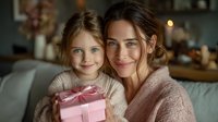 Mother and daughter sharing a special moment with a pink gift box, creating warm family memories in a cozy home setting.