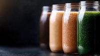 Fresh healthy smoothies in glass bottles lined up on dark background, including chocolate, caramel, coffee and green detox drinks with selective focus.