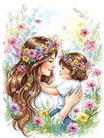 Mother and child with flower crowns embracing in watercolor spring garden. Tender family moment surrounded by blooming wildflowers for greeting cards.