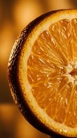 Fresh orange slice with detailed pulp segments and natural texture on warm golden background for healthy lifestyle and nutrition concepts.