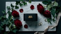 Elegant jewelry box on marble surface surrounded by deep red roses, ivy, petals, and gold rings with a silk ribbon for romantic gifting.
