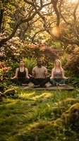 Diverse group practicing meditation in serene garden setting with golden sunlight filtering through ancient trees and blooming flowers.