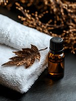 Brown glittery maple leaf decoration with essential oil bottle on white spa towel against dark background, creating luxurious autumn wellness atmosphere.