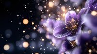 Purple flowers with golden bokeh lights creating magical atmosphere for wedding invitations, greeting cards and romantic designs.