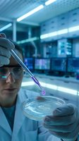 Scientist in laboratory coat and protective gloves pipetting purple liquid sample onto petri dish in modern research facility with fluorescent lighting and computer monitors.