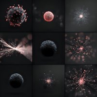 Microscopic virus particles in black and pink color scheme, showing various angles and structures for medical or scientific visualization.
