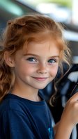 Young girl with ginger hair and freckles wearing navy blue shirt smiles warmly at camera, natural lighting highlights bright blue eyes and gentle expression.