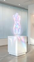 Holographic female mannequin torso display on white pedestal in modern retail space with glass walls and contemporary lighting for fashion presentation.