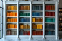 Classic white bookshelf with color-coordinated books arranged in rainbow spectrum from yellow to red, creating organized aesthetic display near window.