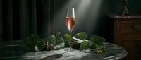 Elegant rosé wine glass on marble table with fresh grape vine leaves in moody lighting for luxury dining and wine tasting experiences.