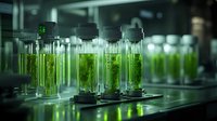 Green liquid samples in glass test tubes arranged in laboratory setting with dramatic lighting and bokeh effect, scientific research concept for biotechnology studies.