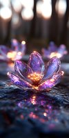 Glowing crystal lotus flower with purple and pink illumination on dark textured surface creates magical atmosphere for spiritual and meditation designs.