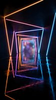 Futuristic neon tunnel with glowing geometric frames creating perspective depth on reflective wet surface for modern digital backgrounds.