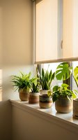 Modern minimalist windowsill garden with tropical houseplants in ceramic pots creating cozy home interior atmosphere with natural sunlight filtering through window.
