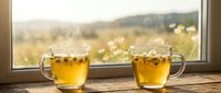 Two glass mugs of herbal tea on wooden windowsill with warm sunlight streaming through window overlooking countryside landscape at golden hour.