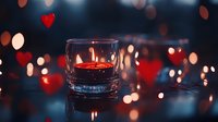 Red floating candle in glass holder with romantic bokeh hearts and lights creating magical Valentine's Day or wedding atmosphere on dark background.