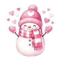 Cute watercolor snowman in pink hat and scarf surrounded by hearts, isolated on white background, perfect for Valentine's Day cards and seasonal designs.