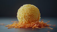 Creamy yellow ice cream scoop on bed of fresh grated carrot shavings against dark background, showcasing unique flavor combination for culinary and food photography.
