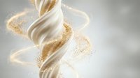 Creamy white swirl with golden sparkles and powder explosion on light background for luxury cosmetics and beauty product advertising.