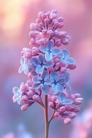 Vibrant lilac flower branch with pink and blue petals on soft pastel background for spring garden design and botanical decoration projects.